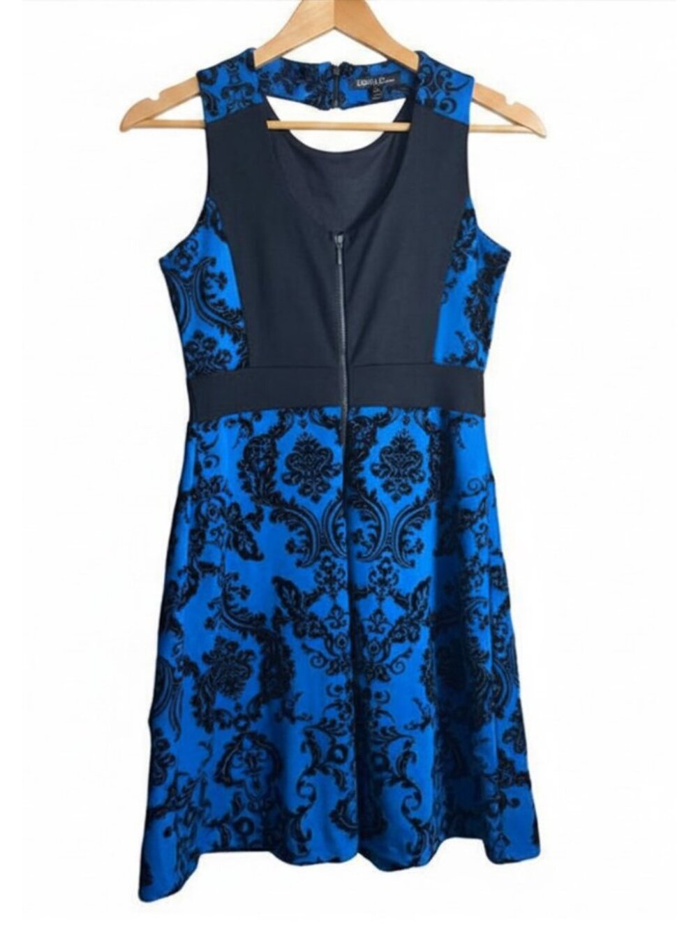 Neiman Marcus Blue Black Damask Fit & Flare Cocktail Dress Size 6 - Picture 3 of 8